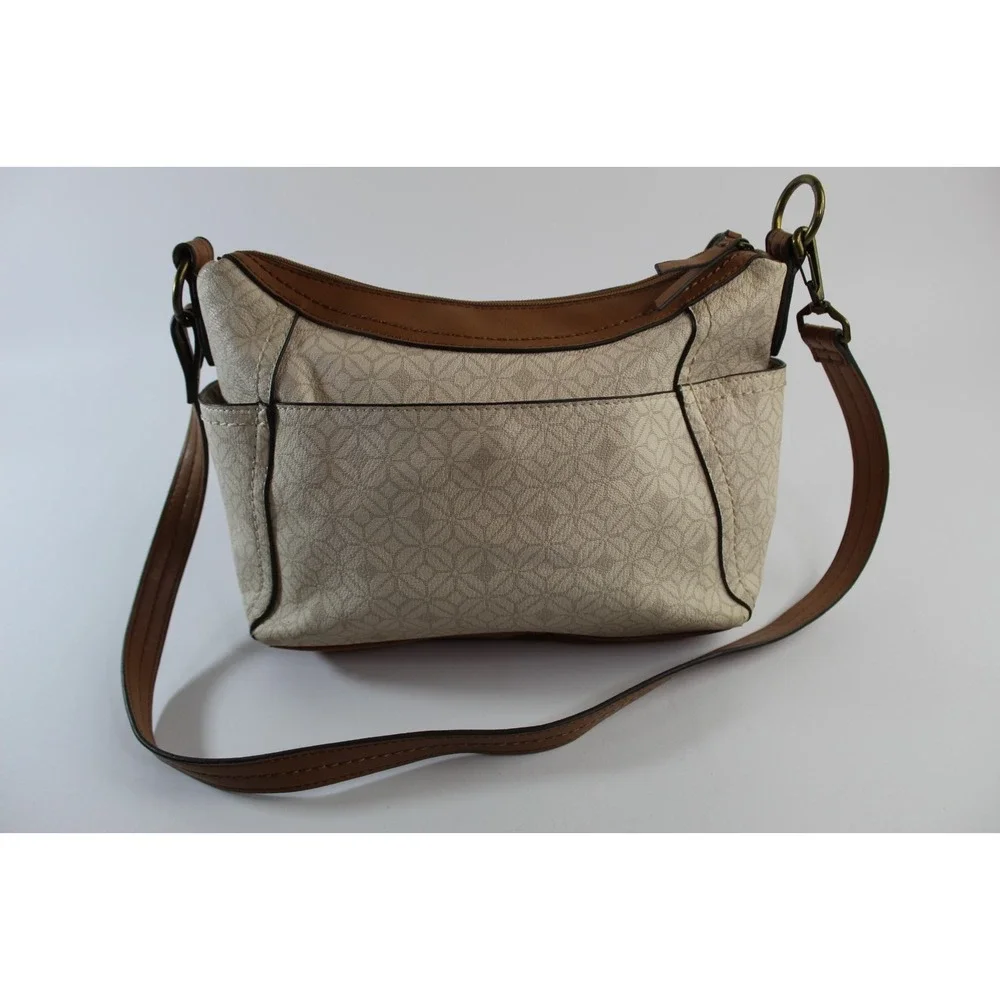Rosetti Satchel Handbag Beige Geometric Print Brown Faux Leather Strap Pockets